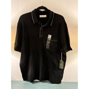 Mutual Weave Mens Ribbed Knit Polo Shirt XL Black Short Sleeve Pocket NWT